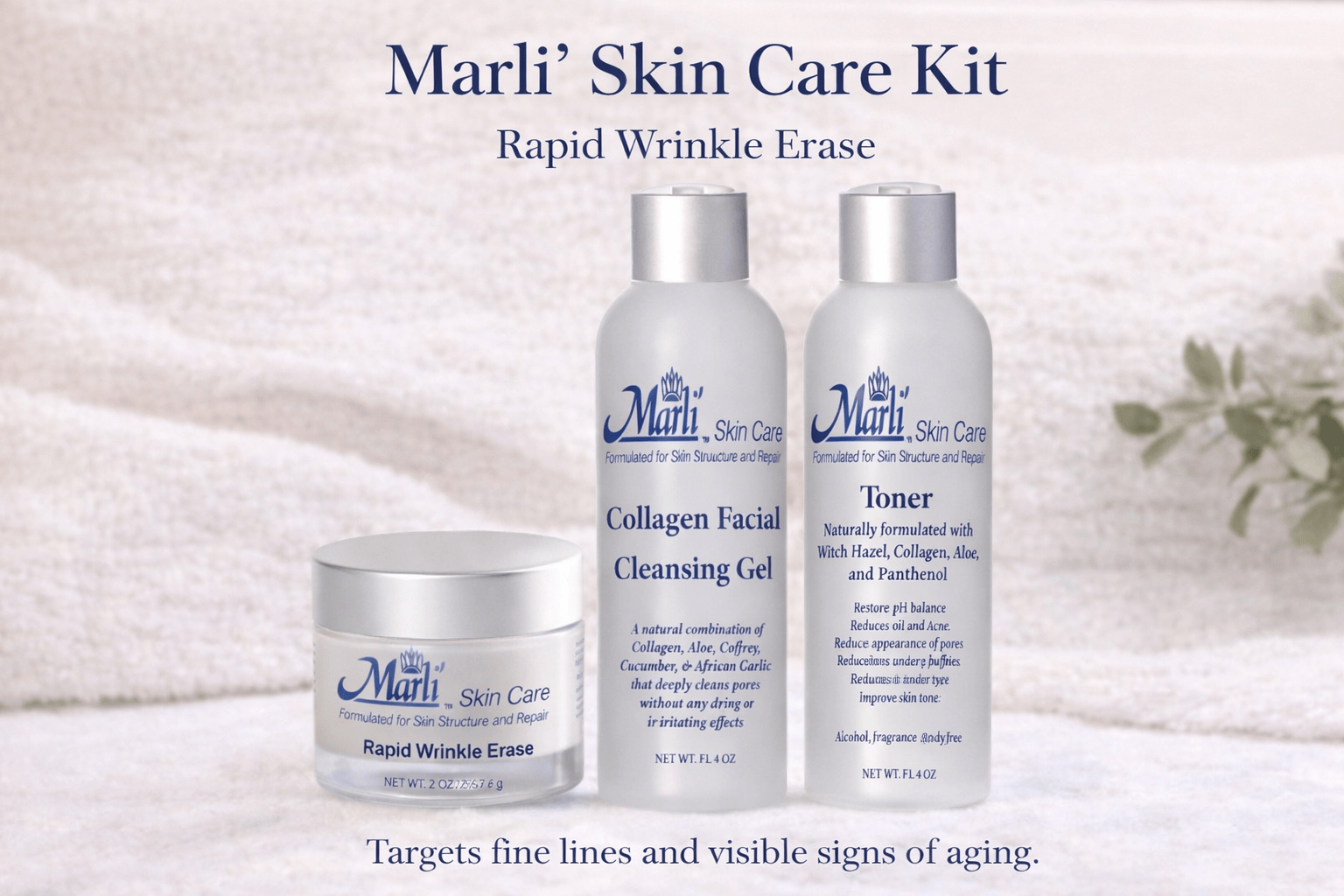 Rapid Wrinkle Erase Marli Complete Skin Care Kit (With Rapid Wrinkle Erase Cream, Collagen Facial Cleanser Gel, & pH Balancing Toner)
